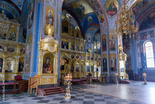 Interior with icons in Russian orthodox cathedral. Valaam monastery.