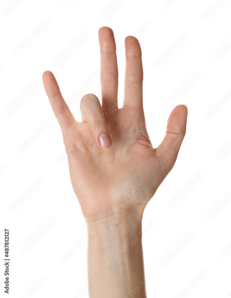 Woman with trigger finger condition on white background, closeup Woman with trigger finger condition on white background, closeup