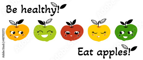 Set of cute apple characters with joyful facial expressions. Vector illustration in a flat cartoon style. A call for healthy eating. Fruit colorful emojis.