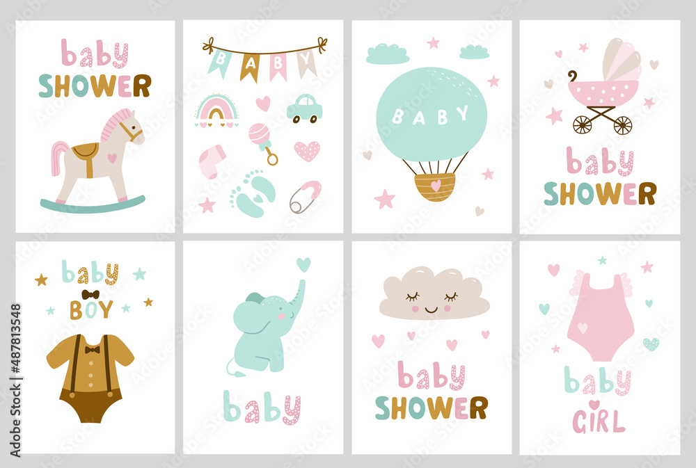 Baby Shower card set with elements, elephant, toy, milk, baby, bottle, sock, star. Vector illustration Baby Shower card set with elements, elephant, toy, milk, baby, bottle, sock, star. Vector illustration