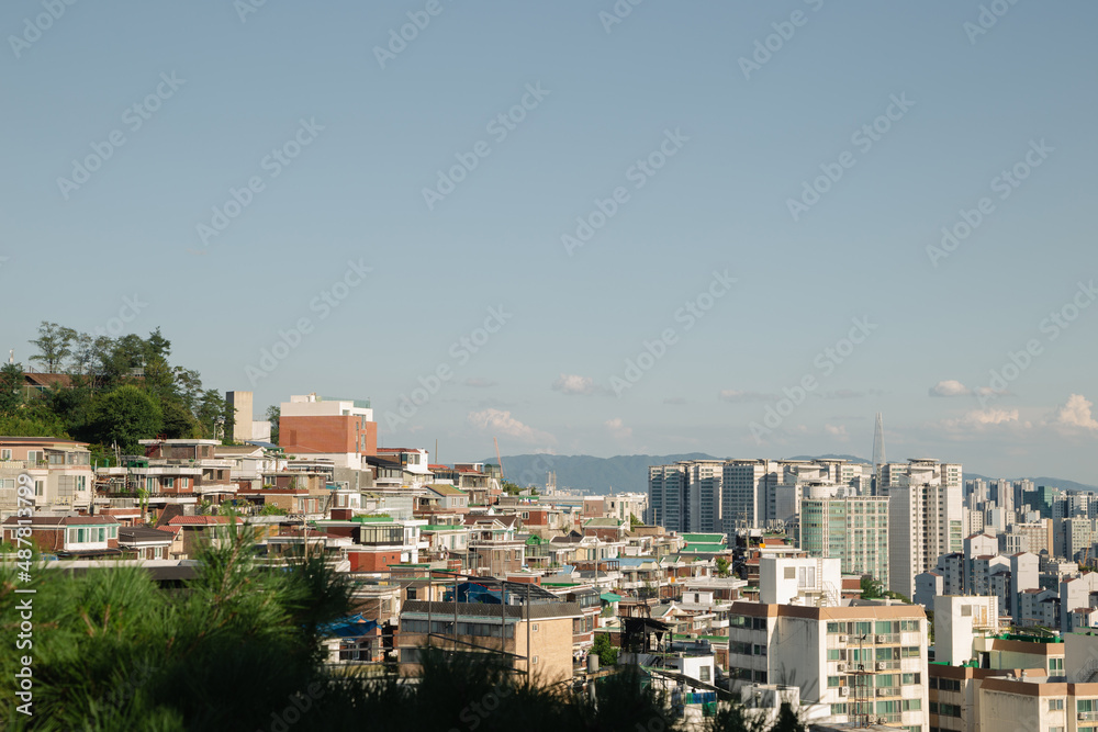 Panoramic view of Seongbuk-gu city from Naksan Park in Seoul, Korea