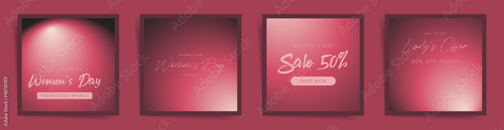8 March Women's day holiday square post template set. Social media banner posts with sensual pink red gradient. Vector promo offer sale greeting card design with fashion frame. 8 March Women's day holiday square post template set. Social media banner posts with sensual pink red gradient. Vector promo offer sale greeting card design with fashion frame.