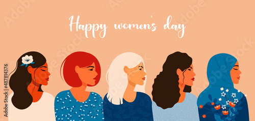 International Womens Day. Vector illustration with women different nationalities and cultures. Struggle for freedom, independence, equality.