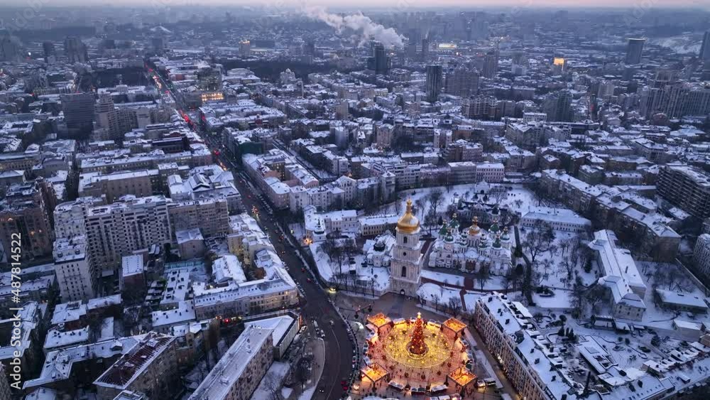 Skyline Kyiv Ukrain, Saint Sophia Cathedra and Sofiyivska Square in Kyiv during christmas market in the winter revealing the kyiv city skyline