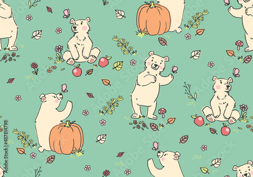This sweet bear is enjoying a lovely fall day. This hand-drawn character makes a lovely seamless vector pattern perfect for surface designs and backgrounds.