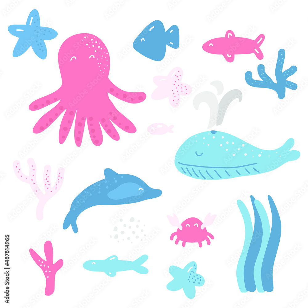 Fototapeta premium Sea life illustration set. Cute cartoon octopus, whale, crab, fish, starfish, algae, coral, dolphin. Colorful nursery kids nautical marine design elements