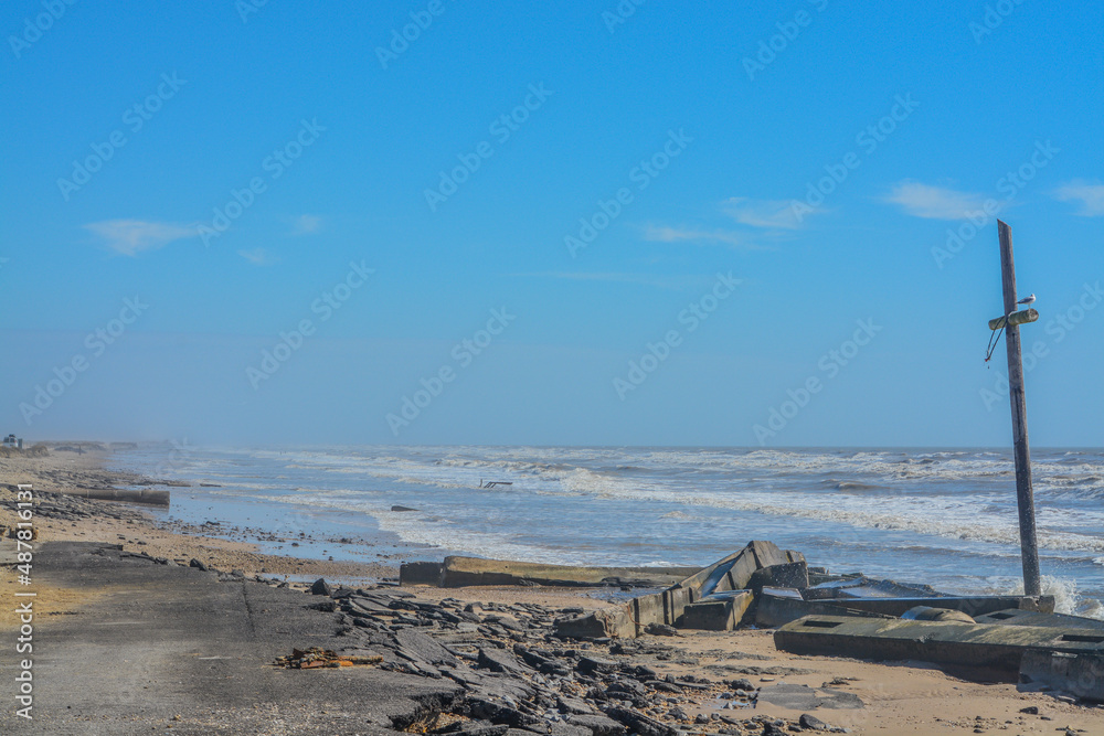 The Road and Sea Wall destroyed by Hurricane Ike on the Gulf of Mexico, Bolivar Peninsula, Texas