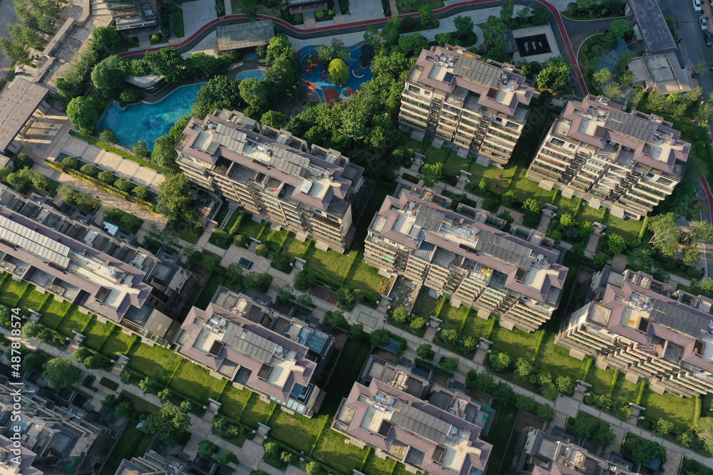 Aerial top view of modern European townhouse buildings in China