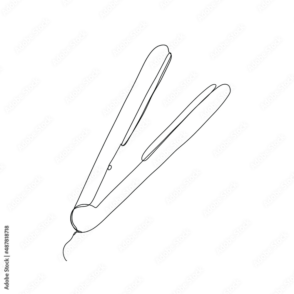 Obraz premium One line hand drawn hair straightener. Vector minimalist illustration isolated on white background. 