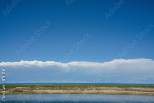 Fototapeta Naklejka Na Ścianę i Meble -  On the grassland by Qinghai Lake, there are blue sky and white clouds in the sky