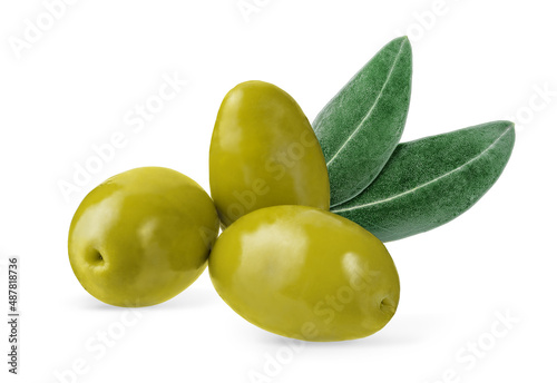 Green olives with green leaves isolated on white background with clipping path.
