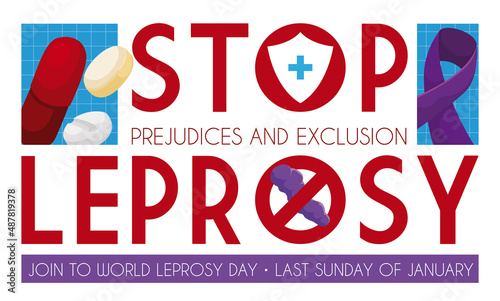 Sign with Pills, Ribbon and Bacteria, promoting World Leprosy Day, Vector Illustration photo