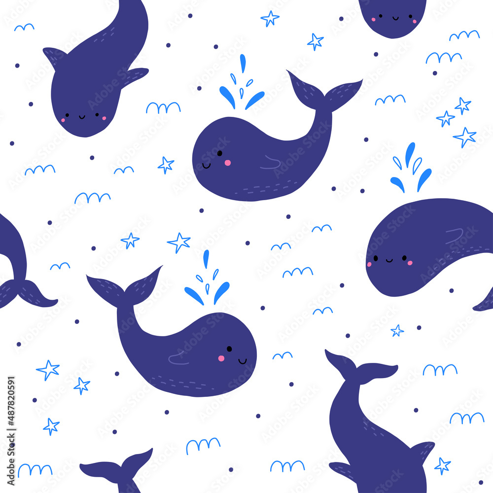 Cute seamless pattern with whale. Beautiful seamless wallpaper with cute whales on a white background Cute seamless pattern with whale. Beautiful seamless wallpaper with cute whales on a white background