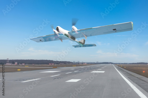 Military turboprop drone will take off and is engaged in reconnaissance and patrolling the territory.