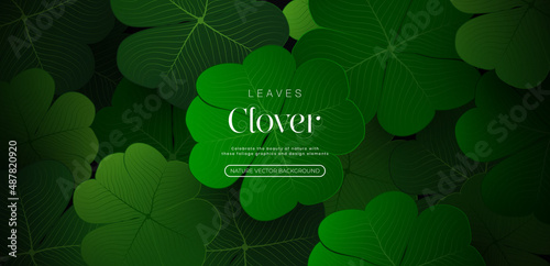 Abstract green leaf clover texture. Hand drawn leaves clover pattern on dark background. Nature tropical dark green leaves graphic design element. Modern simple nature wallpaper concept.