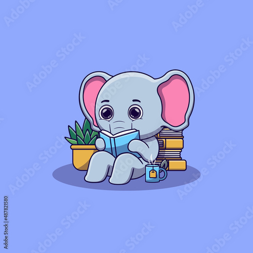 cute elephant sitting while reading book