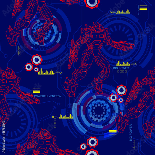 Abstract seamless linear robot pattern. Colorful technical robotic repeat print. Cartoon character robotically men on darl blue background, micro schemes. Powerful hero repeated ornament.