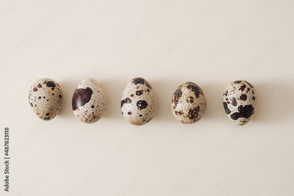 Fototapeta premium Row of small speckled quail eggs for Easter holidays