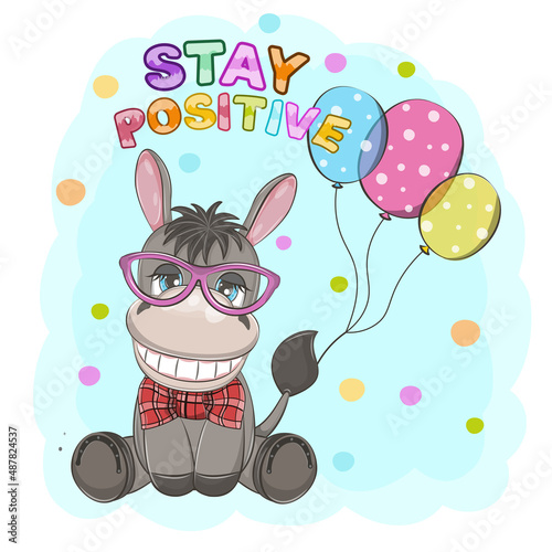 Cute smiling cartoon donkey in glasses. Greeting card.