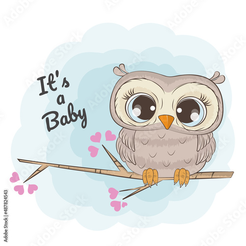 Cute cartoon bird owl sitting on a branch.