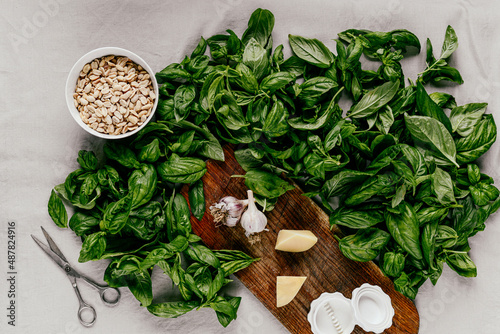 Photo of a fresh healthy ingridients like green basil, fresh garlic, roast nut, parmegiano cheese to make homemade pesto sauce on a wooden desk indoors daylight