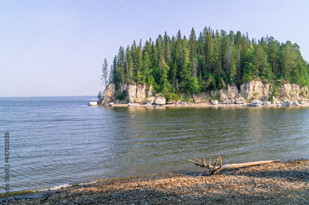 A dry dark tree without bark on the river bank. The river bank overlooking the peninsula with rocks and trees. Landscape with a view of the river on a clear day.
