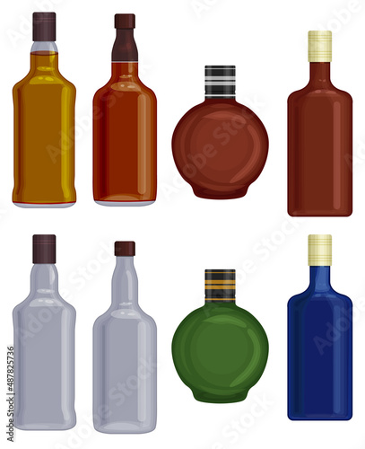 Set of bottles empty glass liquid and alcoholic drinks vector template