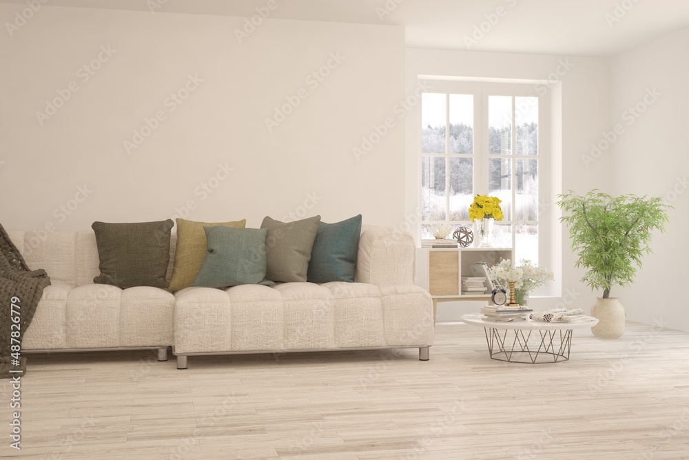 Fototapeta premium Stylish room in white color with sofa and winter landscape in window. Scandinavian interior design. 3D illustration
