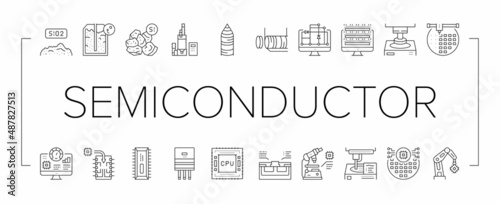Semiconductor Manufacturing Plant Icons Set Vector .