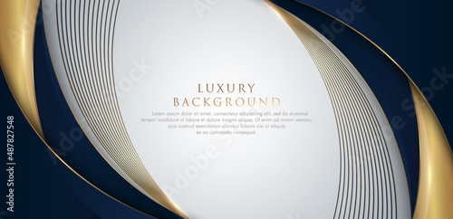 Abstract template dark blue curve shape. Premium luxury background with curve shape and gold lighting lines on background white. Luxury and elegant design. Suit for poster, brochure, presentation.