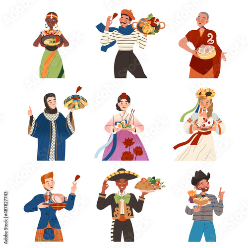 Gastronomic Tourism with People Character Holding Authentic Dish of Native Cuisine Vector Illustration Set