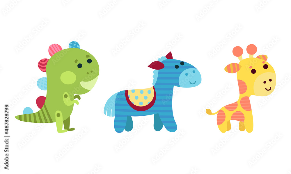 Fluffy Toy Sewn from Textile and Stuffed with Flexible Material for Kids Vector Set