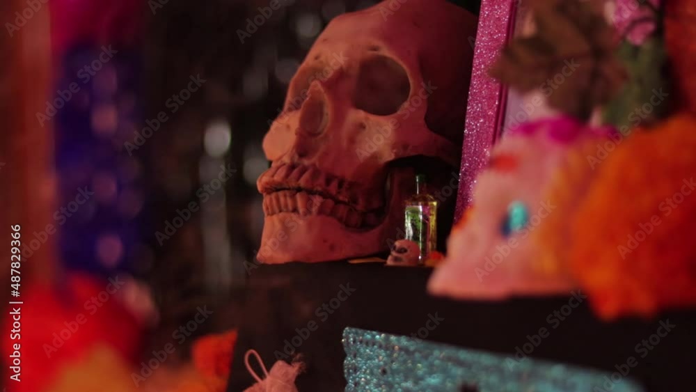 Day of the dead. Mexican tradition. Culture and religion. Sugar skull and marigold or cempasuchitl flowers. Smoke around. 