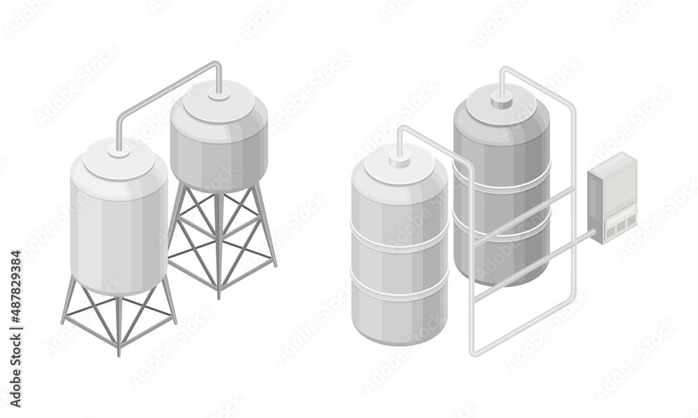 Water Purification Process with Filtration and Distillation in Cylindrical Tank Isometric Vector Set