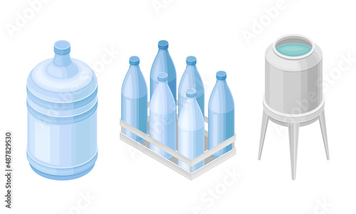 Water Poured in Plastic Bottle and Metal Tank for Storage and Distribution Isometric Vector Set