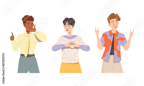 Male Showing Heart and Horn Hand Gesture Feeling Happiness and Excitement Vector Illustration Set