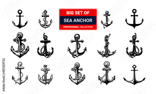 Print op canvas Set of vintage sketch hand drawn style sea anchor symbol set isolated on white background vector illustration 03