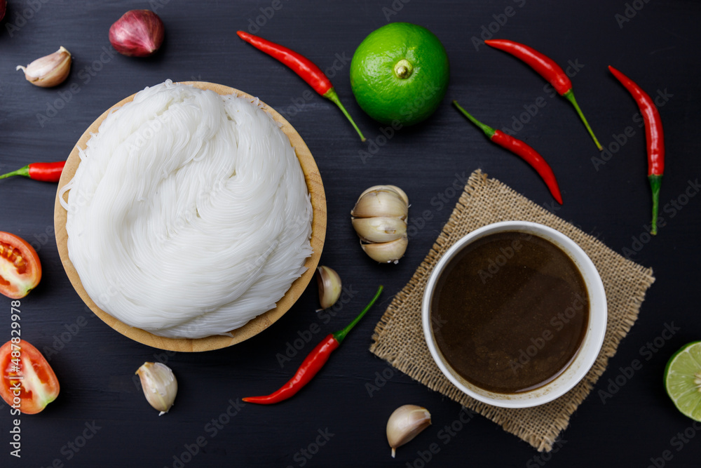Thai rice noodel and Boiled Fermented Fish sauce or Pickled fish sauce, Traditional thai food