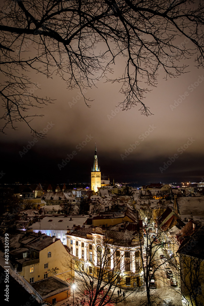 Night winter panorama of Tallinn in Estonia