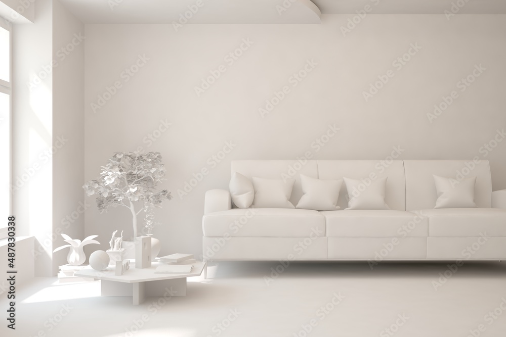 Mock up of stylish room in white color with sofa. Scandinavian interior design. 3D illustration Mock up of stylish room in white color with sofa. Scandinavian interior design. 3D illustration