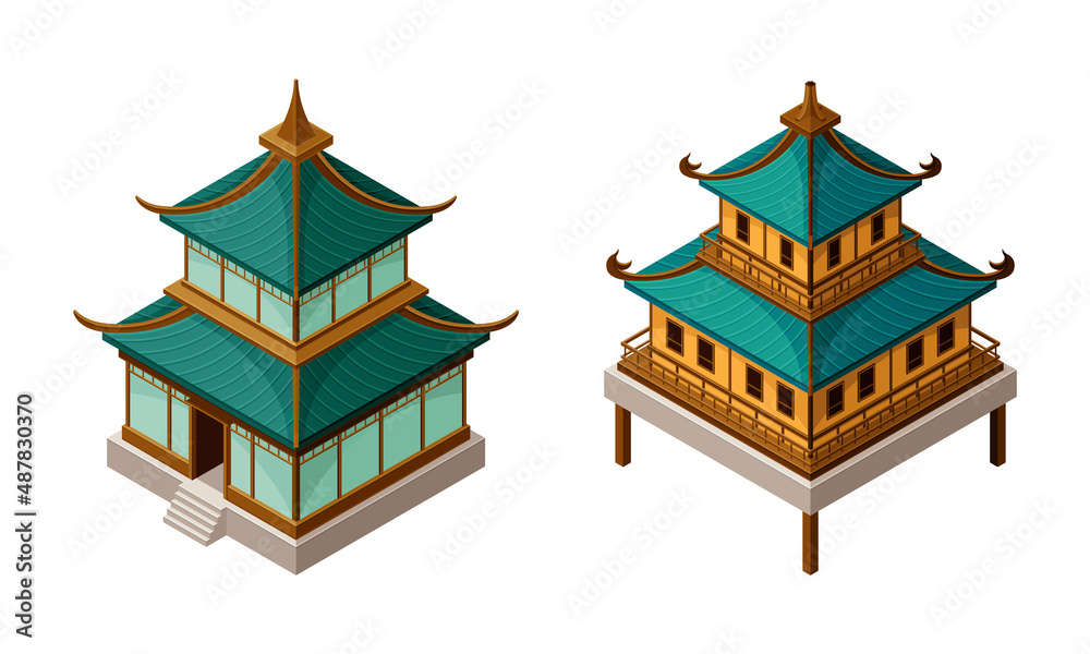 Pagoda as Tiered Tower with Multiple Eaves as Asian Architecture Isometric Vector Set