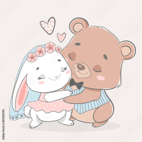 Vector illustration wedding animals. Bunny and bear in love.