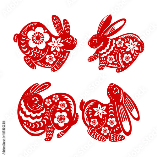 Set of Chinese Lunar New Year Rabbit silhouettes. Isolated Icons With Animals Of Asian Zodiac. Red Papercut Rabbits With Oriental Flower Ornaments, Chinese New Year Design Vector simple illustration