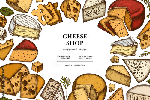 Cheese hand drawn illustration design. Background with retro brie, gouda cheese, roquefort, parmigiano reggiano, maasdam, gorgonzola, emmental.