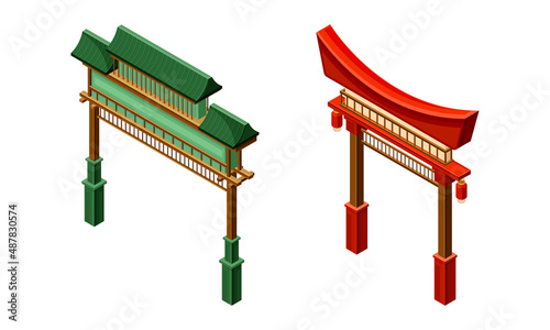 Red and Green Gate as Symbolic Entrance at Shinto Shrine and Asian Architecture Isometric Vector Set