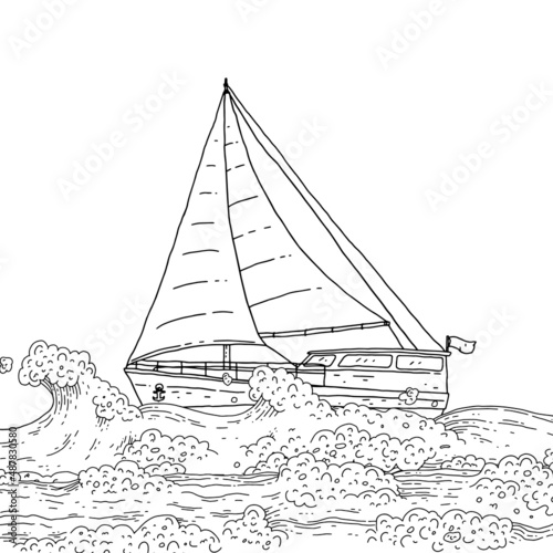 Sea sailboat yacht on the waves. Modern ship with sails doodle black white line sketch isolated illustration.