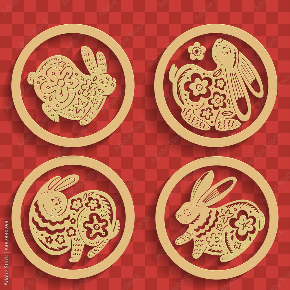 Golden rabbit silhouette set in various poses in golden circles. Collection of elements for Chinese new year decoration. 3d baadges with shadows. Vector realistic gold design. Golden rabbit silhouette set in various poses in golden circles. Collection of elements for Chinese new year decoration. 3d baadges with shadows. Vector realistic gold design.