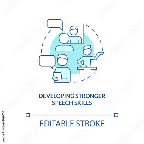 Developing stronger speech skills turquoise concept icon. Effective communicator abstract idea thin line illustration. Isolated outline drawing. Editable stroke. Arial, Myriad Pro-Bold fonts used