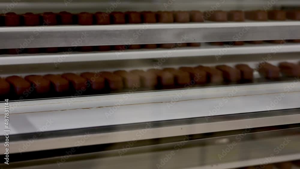 Equipment for the distribution of chocolate bars. Production of chocolate bars at a confectionery factory. Equipment for the distribution of chocolate bars. Production of chocolate bars at a confectionery factory.