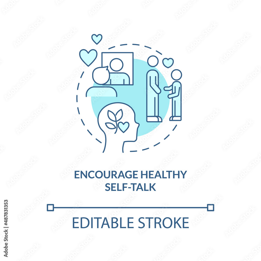 Encourage healthy self-talk turquoise concept icon. Positive thinking skills abstract idea thin line illustration. Isolated outline drawing. Editable stroke. Arial, Myriad Pro-Bold fonts used